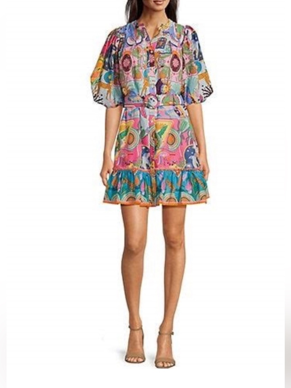 J. Marie Sloane Belted Mini Dress, Vibrant Multicolored Print, Size L, NWOT